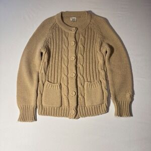 Vintage Tan Cable Knit Cardigan Sweater Womens Small Chunky Button Front Korea
